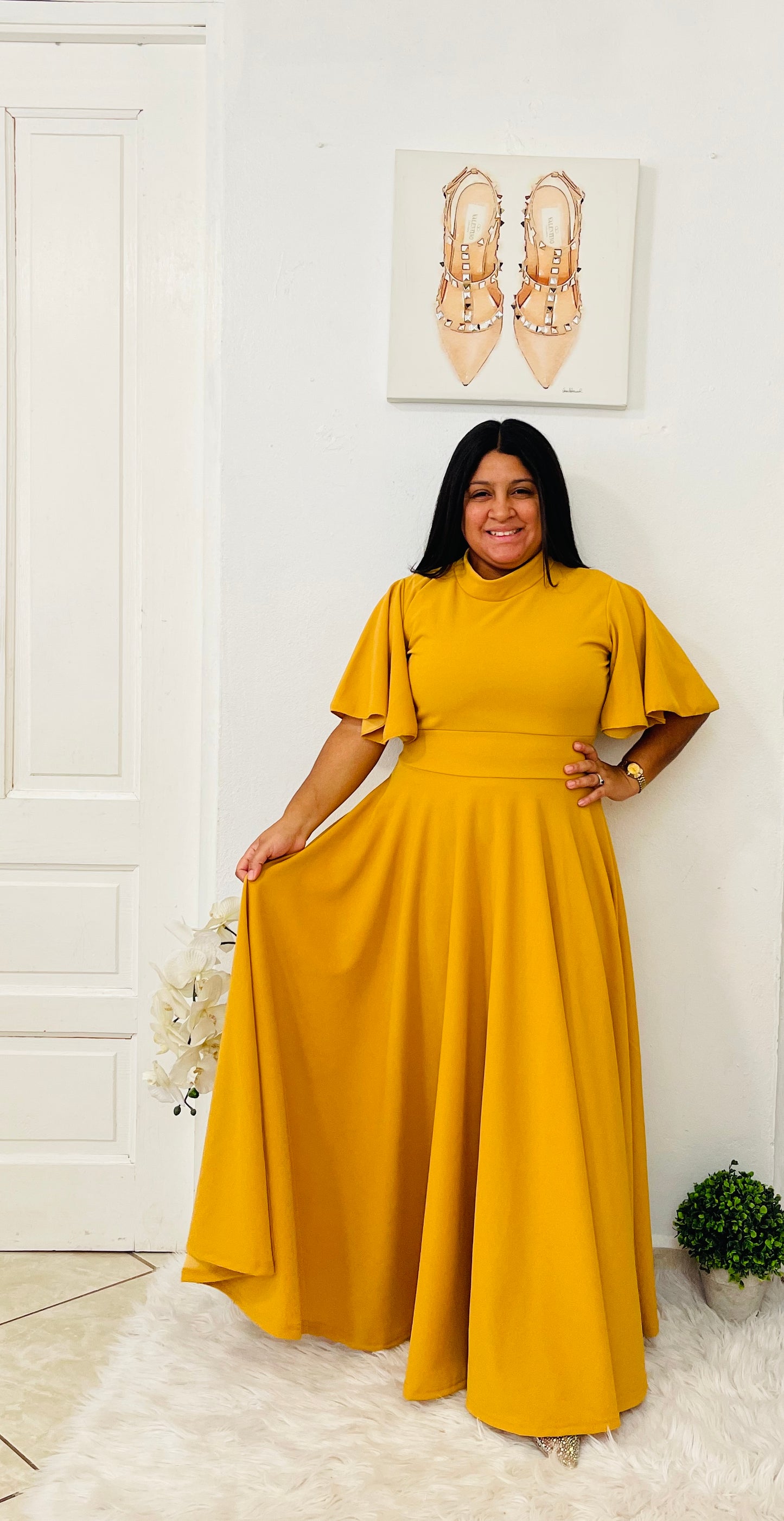 Isabella Solid Maxi Dress- Mustard