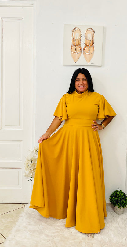 Isabella Solid Maxi Dress- Mustard